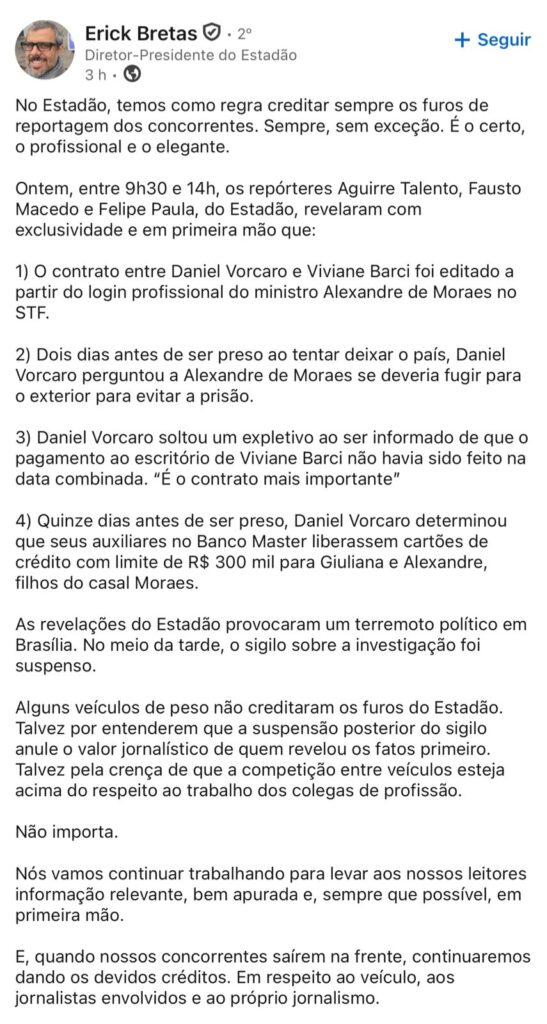 Eric Bretas, diretor-presidente do Estadão, cobrou publicamente veículos que repercutiram furos do jornal sem dar o devido crédito.