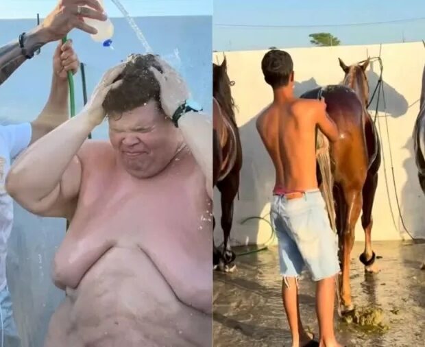 Gordão da XJ improvisou banho com mangueira durante viagem de ônibus pela Bahia