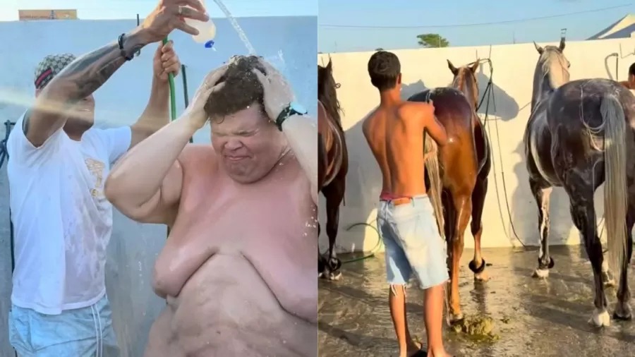 Gordão da XJ improvisou banho com mangueira durante viagem de ônibus pela Bahia
