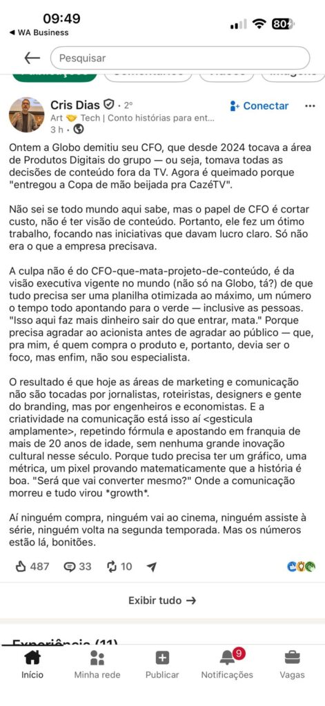 Cofundador da Ampère, Cris Dias afirmou que o problema da comunicação vai além da demissão do CFO da Globo e questionou a obsessão do mercado por números.