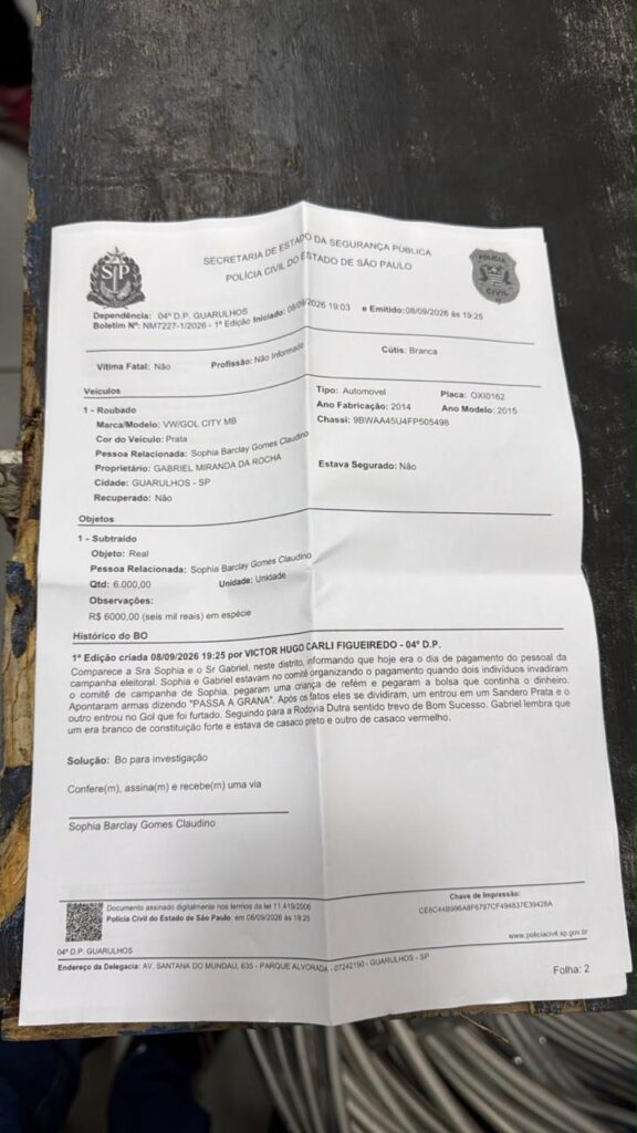 O comitê central de Sophia Barclay (PL-SP) foi alvo de uma invasão que terminou com o roubo de pertences pessoais e do veículo utilizado pela candidata.