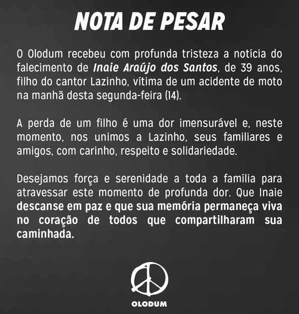 Lazinho, do Olodum, recebeu apoio do grupo após a morte do filho