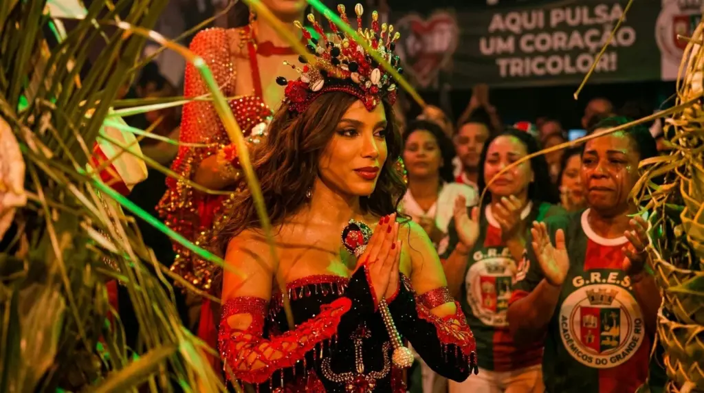 Fé, ancestralidade, Carnaval e um sonho que começou no subúrbio do Rio: Anitta se emocionou ao assumir o posto de rainha de bateria da Grande Rio.