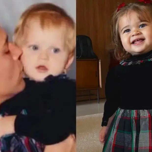 Lyandra Costa resgatou um vestido usado por ela há 30 anos e colocou a mesma peça na filha, Maria Alice. No registro antigo, ela aparece bebê no colo de Leandro.