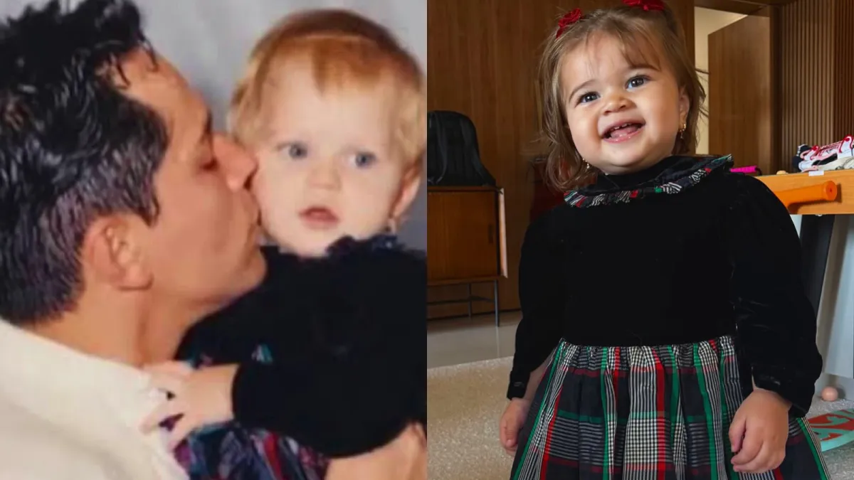 Lyandra Costa resgatou um vestido usado por ela há 30 anos e colocou a mesma peça na filha, Maria Alice. No registro antigo, ela aparece bebê no colo de Leandro.