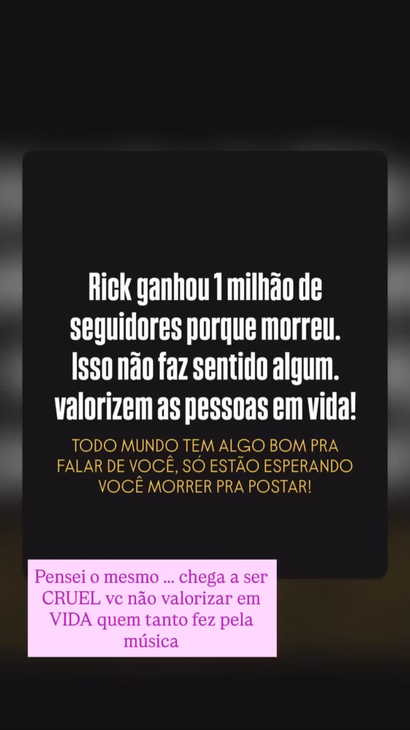 Roberta Miranda pediu que artistas sejam valorizados em vida após repercutir o salto de seguidores de Rick nas redes sociais.