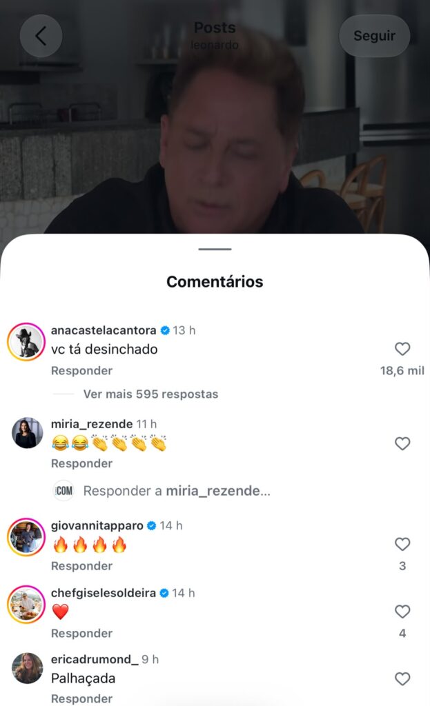 Leonardo respondeu com bom humor à provocação da ex-nora Ana Castela: “E eu por acaso estava inchado, Ana?”.
