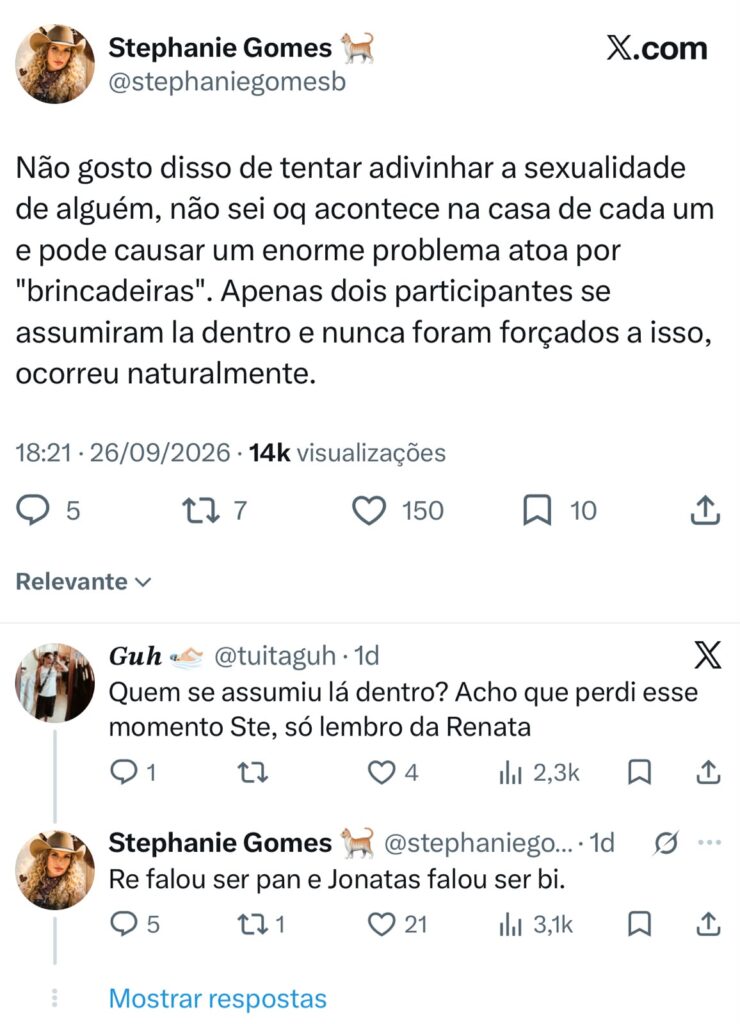 Stephanie Gomes causou repercussão ao contar fora de A Fazenda uma conversa envolvendo Jonatas Faro e Renata Del Bianco.