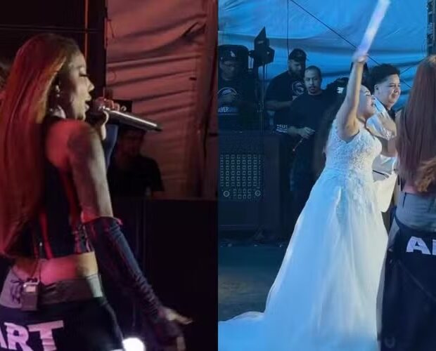 Duas recém-casadas foram direto da celebração para o show de Ludmilla, em Resende, e terminaram a noite cantando “Paraíso” no palco com a artista.