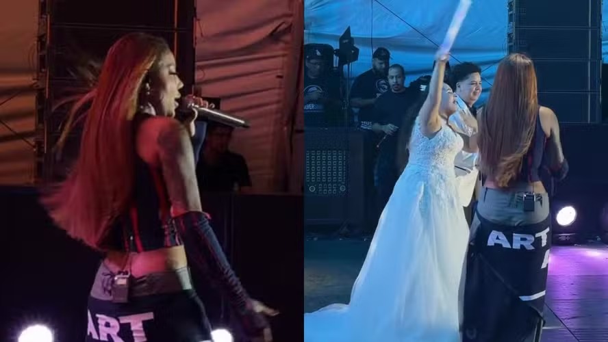 Duas recém-casadas foram direto da celebração para o show de Ludmilla, em Resende, e terminaram a noite cantando “Paraíso” no palco com a artista.