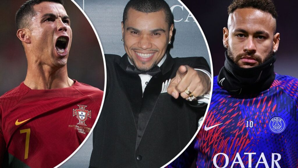 Cristiano Ronaldo, Neymar e Naldo Benny em montagem sobre o plano do cantor
