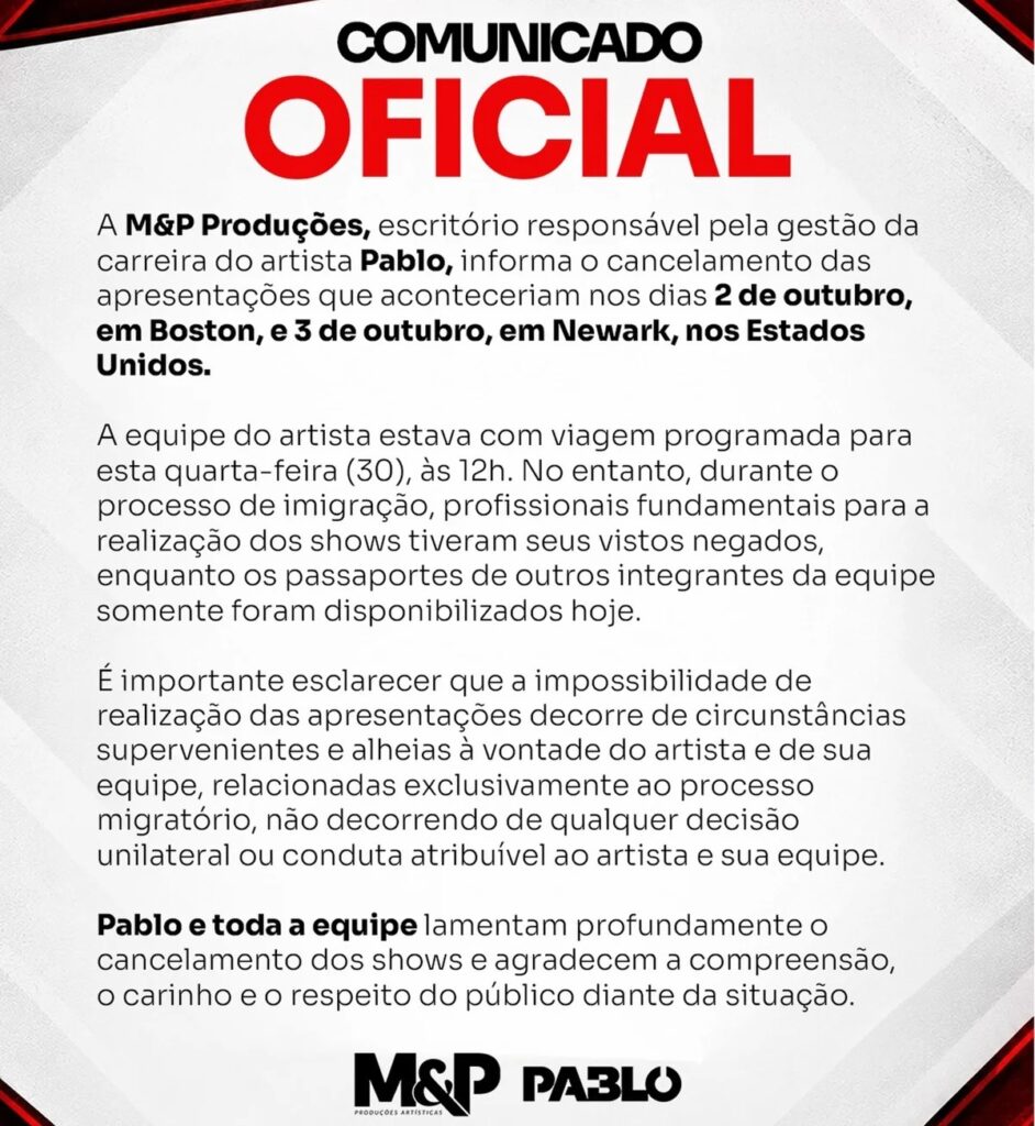 Equipe do cantor atribuiu a suspensão dos shows a problemas com vistos e passaportes

