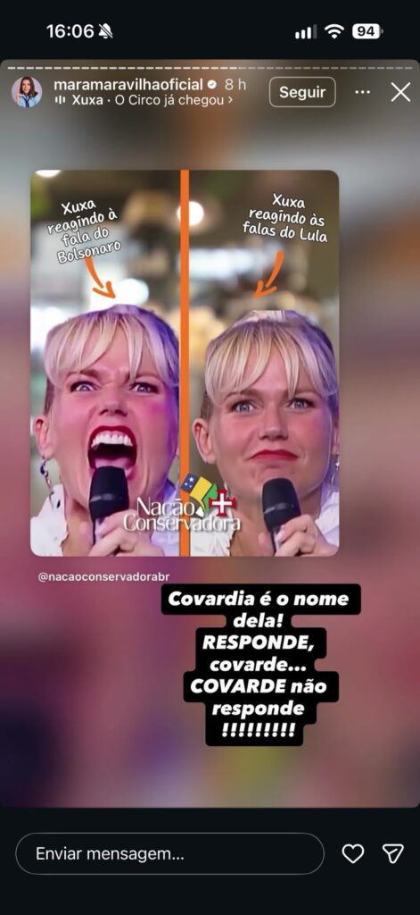 Mara Maravilha chamou Xuxa de “covarde” após compartilhar publicação envolvendo a apresentadora e Lula.