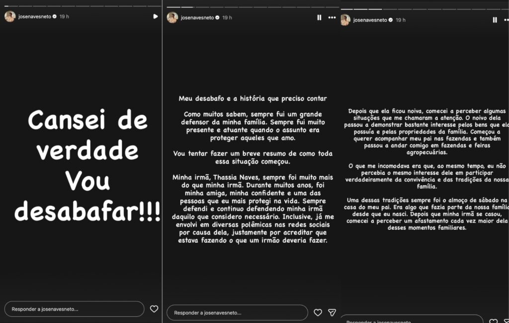 José Naves Neto, irmão de Thássia Naves, tornou público o conflito familiar e falou sobre a medida protetiva envolvendo o caso.