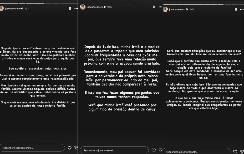 Irmão de Thássia Naves, José Naves Neto usou uma sequência de stories para apresentar sua versão sobre a crise familiar.