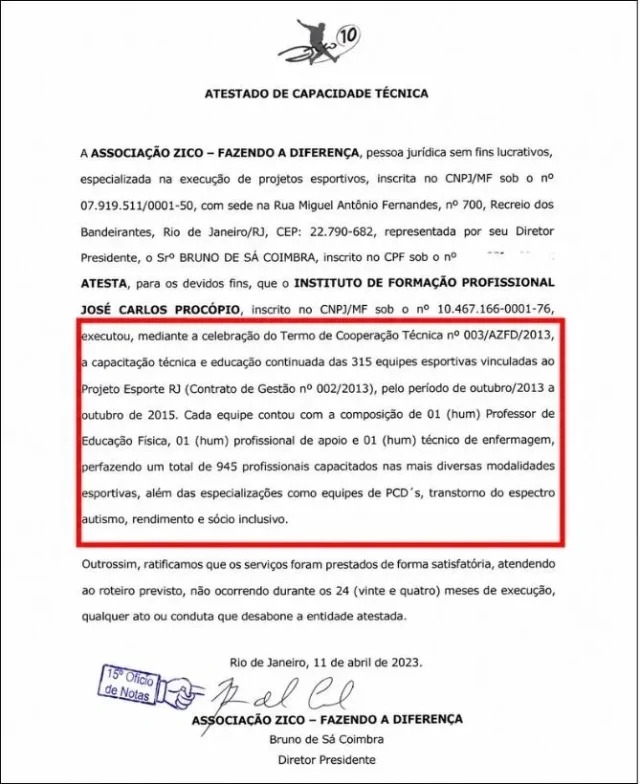 Atestado falso assinado por Bruno Coimbra foi usado como comprovação técnica pela ONG
