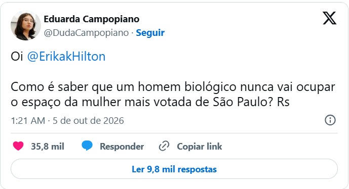 A publicação da bolsonarista provocou críticas nas redes sociais