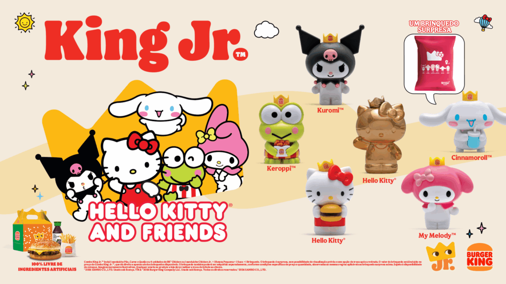 Burger King lança coleção de seis brinquedos da Hello Kitty and Friends, incluindo uma edição especial dourada da personagem.