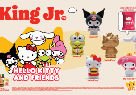 Burger King lança coleção de seis brinquedos da Hello Kitty and Friends, incluindo uma edição especial dourada da personagem.