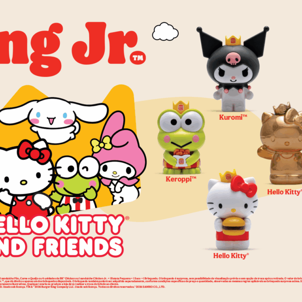 Burger King lança coleção de seis brinquedos da Hello Kitty and Friends, incluindo uma edição especial dourada da personagem.