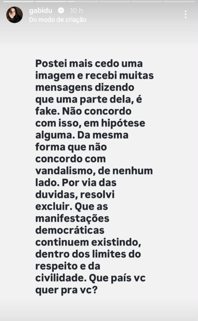 Gabriela Duarte voltou a compartilhar conteúdo político após se explicar sobre a publicação anterior, reacendendo questionamentos sobre a verificação das imagens.