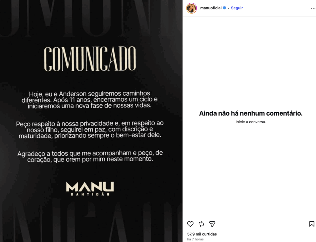 Manu Bahtidão anunciou o fim do casamento de 11 anos com Anderson Halliday nesta quinta-feira (15).