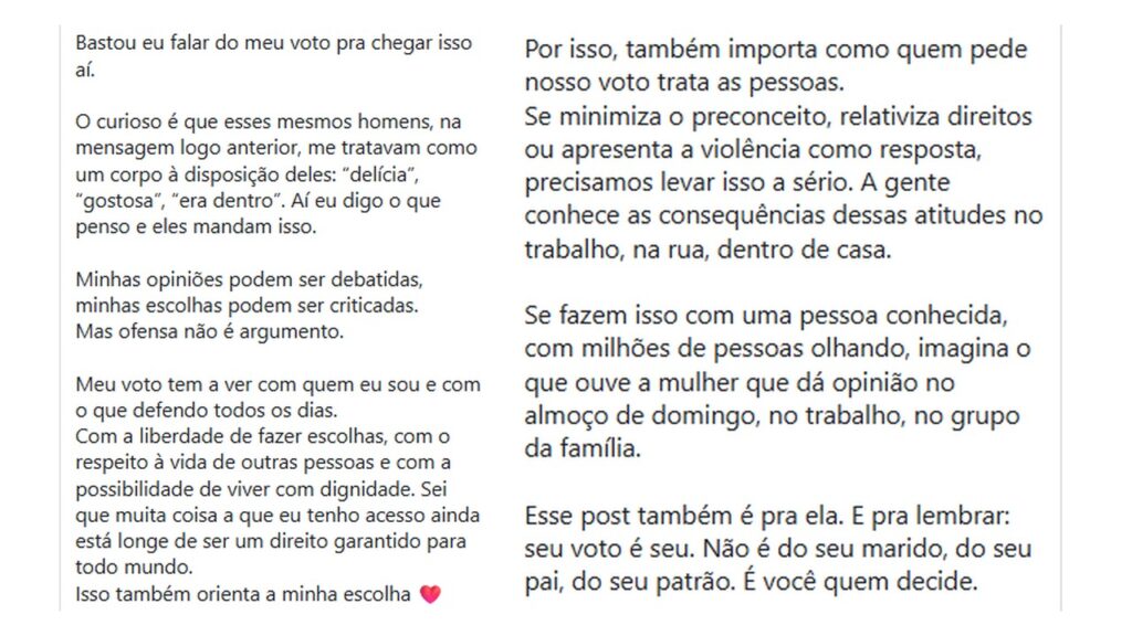 Paolla afirmou que o voto das mulheres não pertence a maridos, pais ou patrões