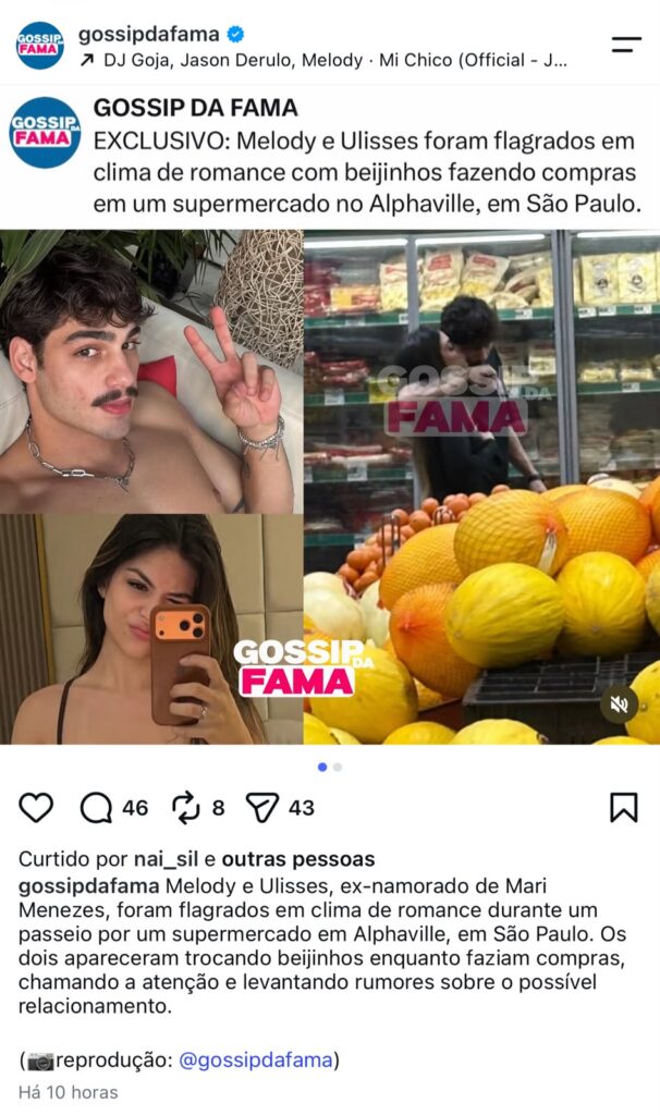 O perfil Gossip da Fama divulgou imagens de Melody e Ulisses Nunes juntos no corredor de frutas de um supermercado.