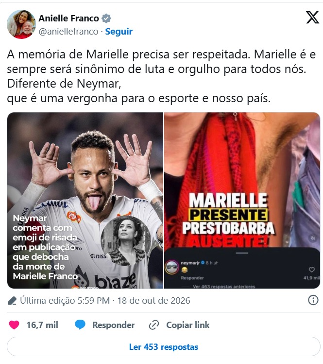 O jogador foi escrachado por internautas e Anielle Franco, irmã de Marielle