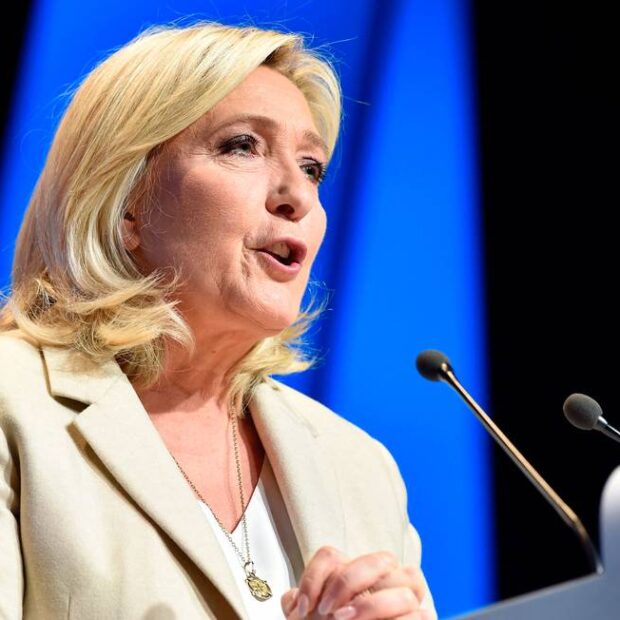 98409012 french rassemblement national rn partys presidential candidate marine le pen gives a speec