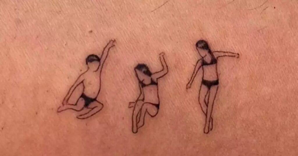 O desenho reproduz um salto dos filhos trigêmeos em uma piscina
