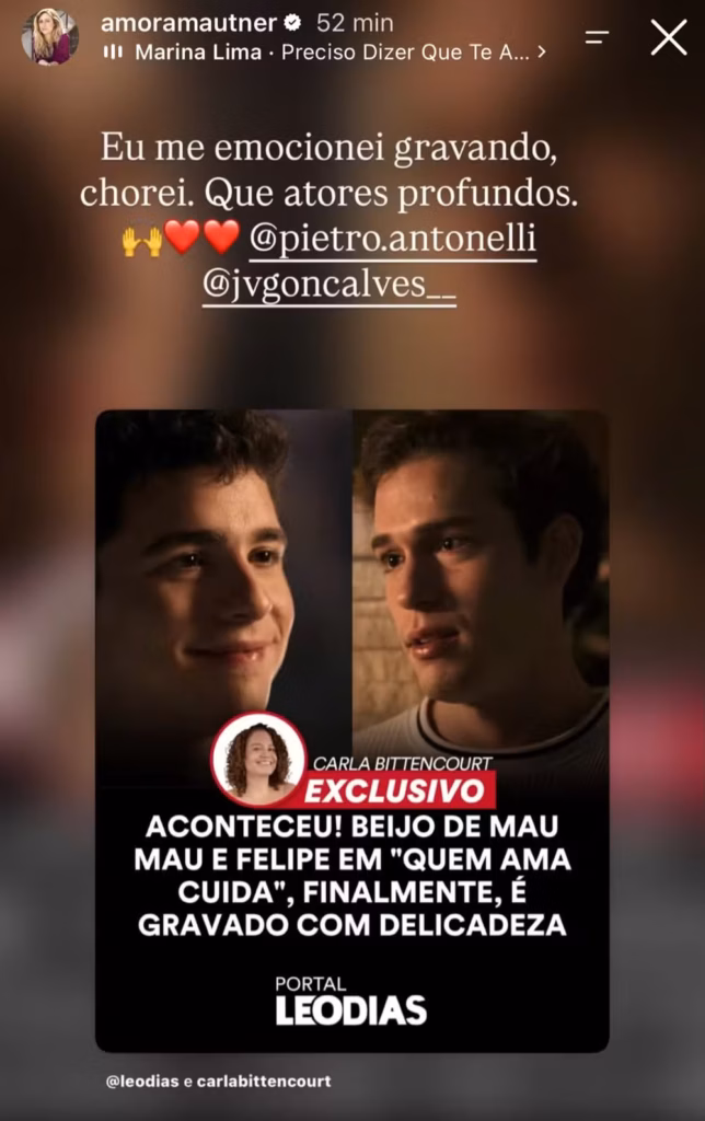 Amora Mautner revelou que chorou durante a gravação do primeiro beijo de Mau Mau e Felipe em Quem Ama Cuida.