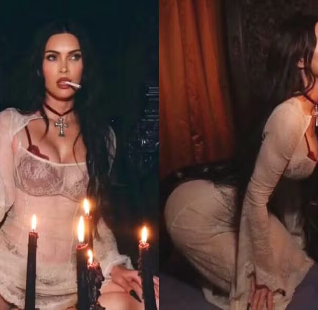 Megan Fox apostou em lingerie vermelha e camisola transparente para o ensaio de Halloween