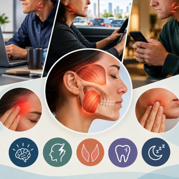 colagem médica sobre tensão mandibular